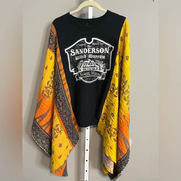 Upcycled Tops - Upcycled “Sanderson Witch Museum” Hocus Pocus T-Shirt Vibrant Kantha Sleeves